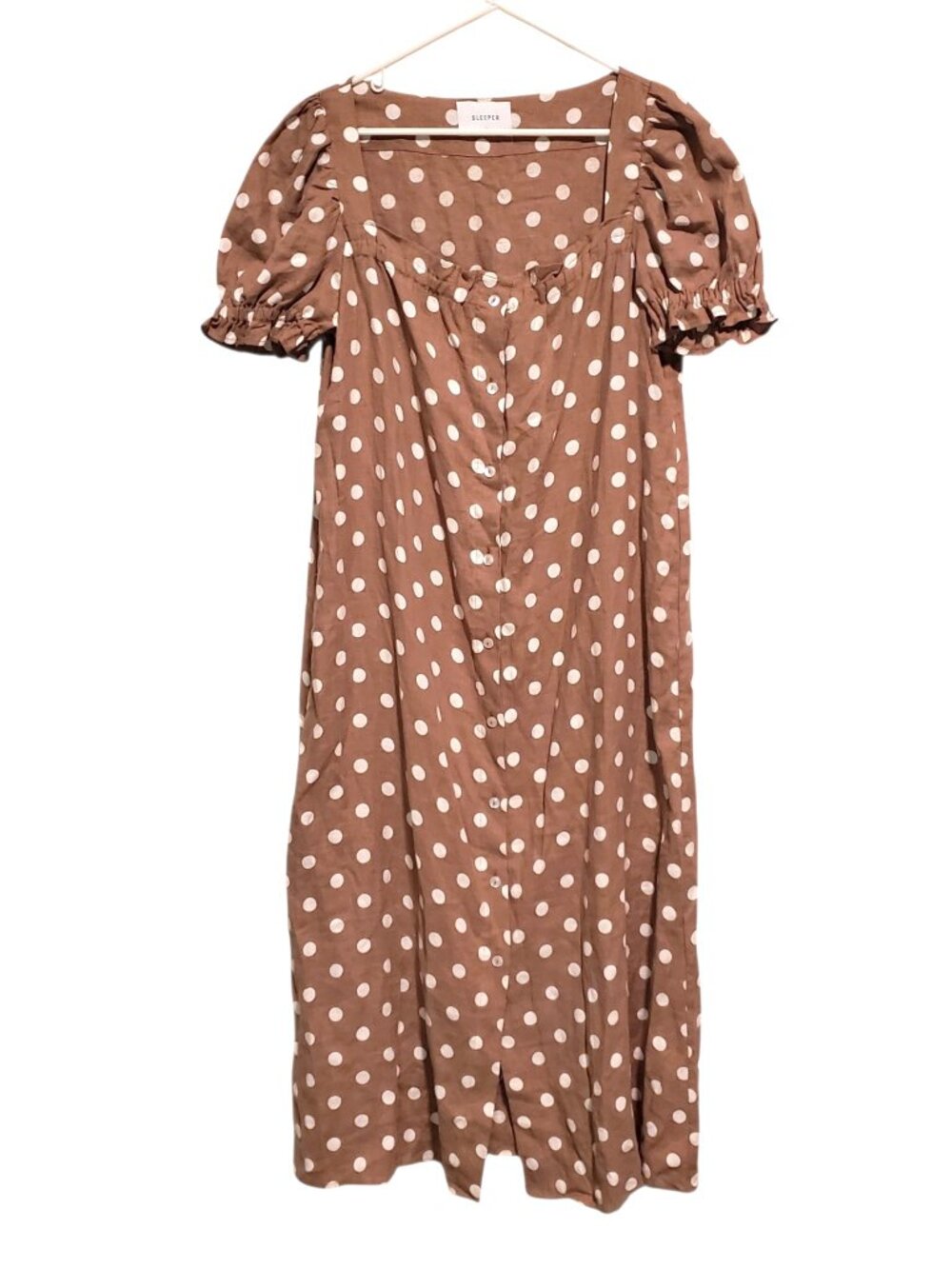 Sleeper 100% Linen Brown Polka Dot Button Front Maxi Dress - XL